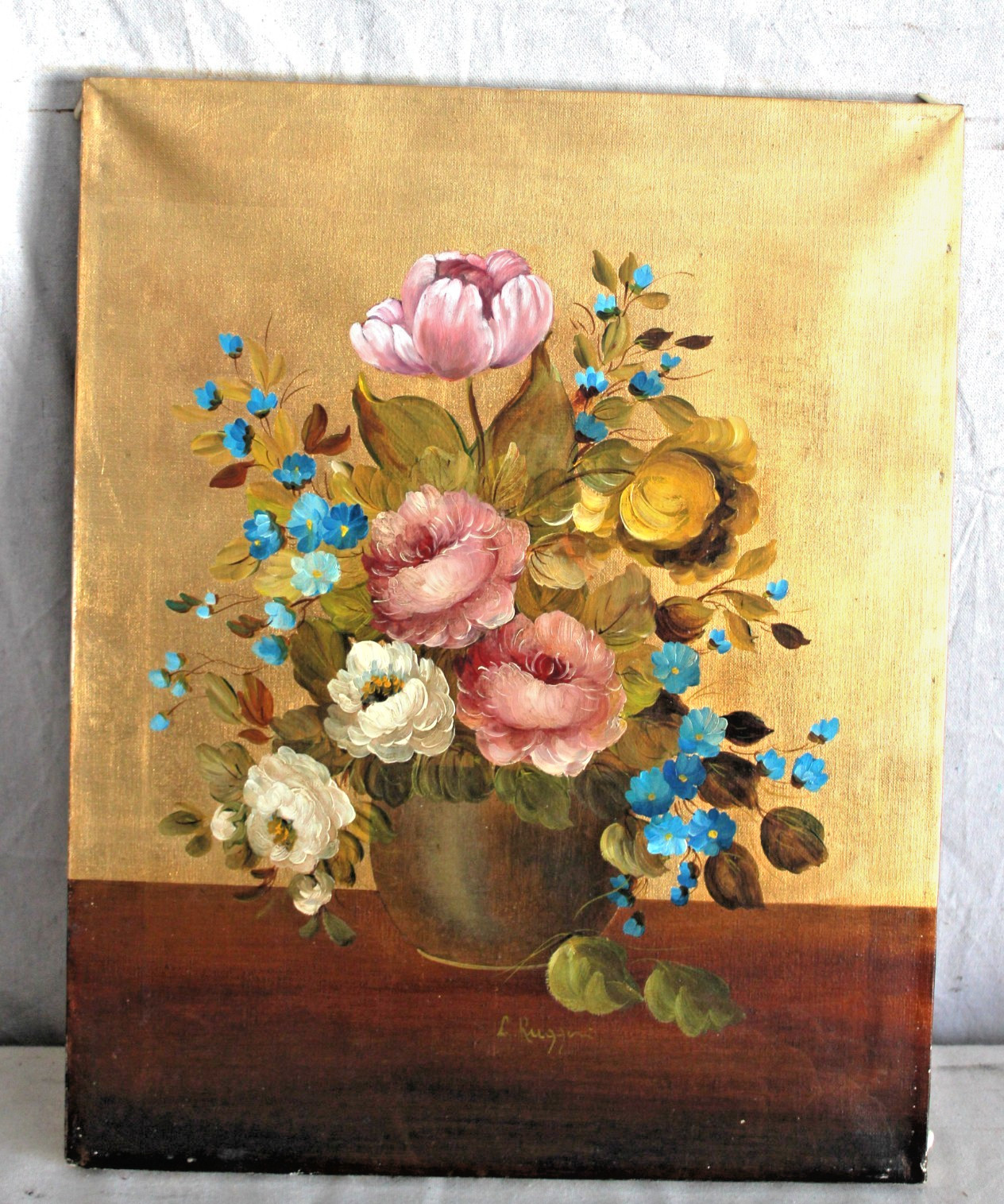 BIG GOLD GILT ORIGINAL OIL PAINTING STILL LIFE FLORAL MID CENTURY SIGNED CANVAS