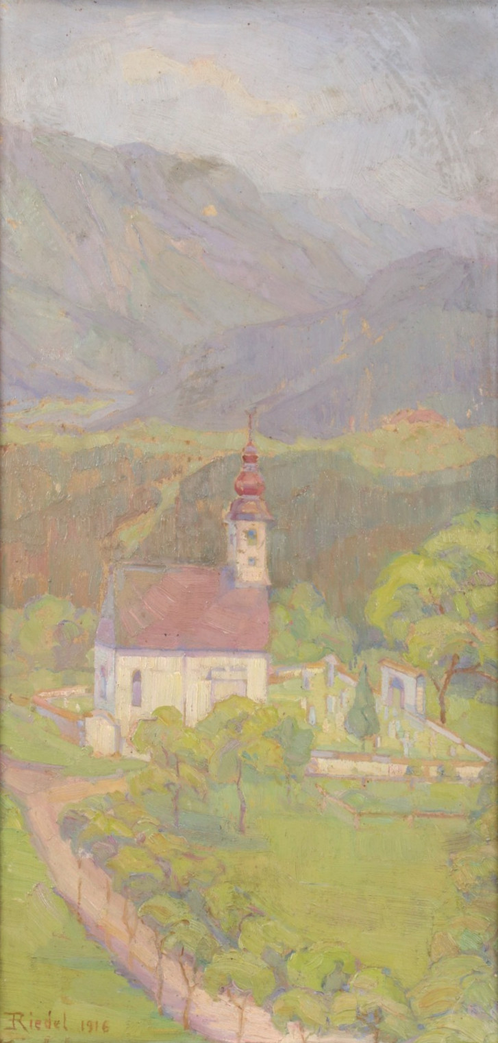 Art Nouveau Painting Signed RIEDEL 1916 Oil Painting Alps Church Impressionism