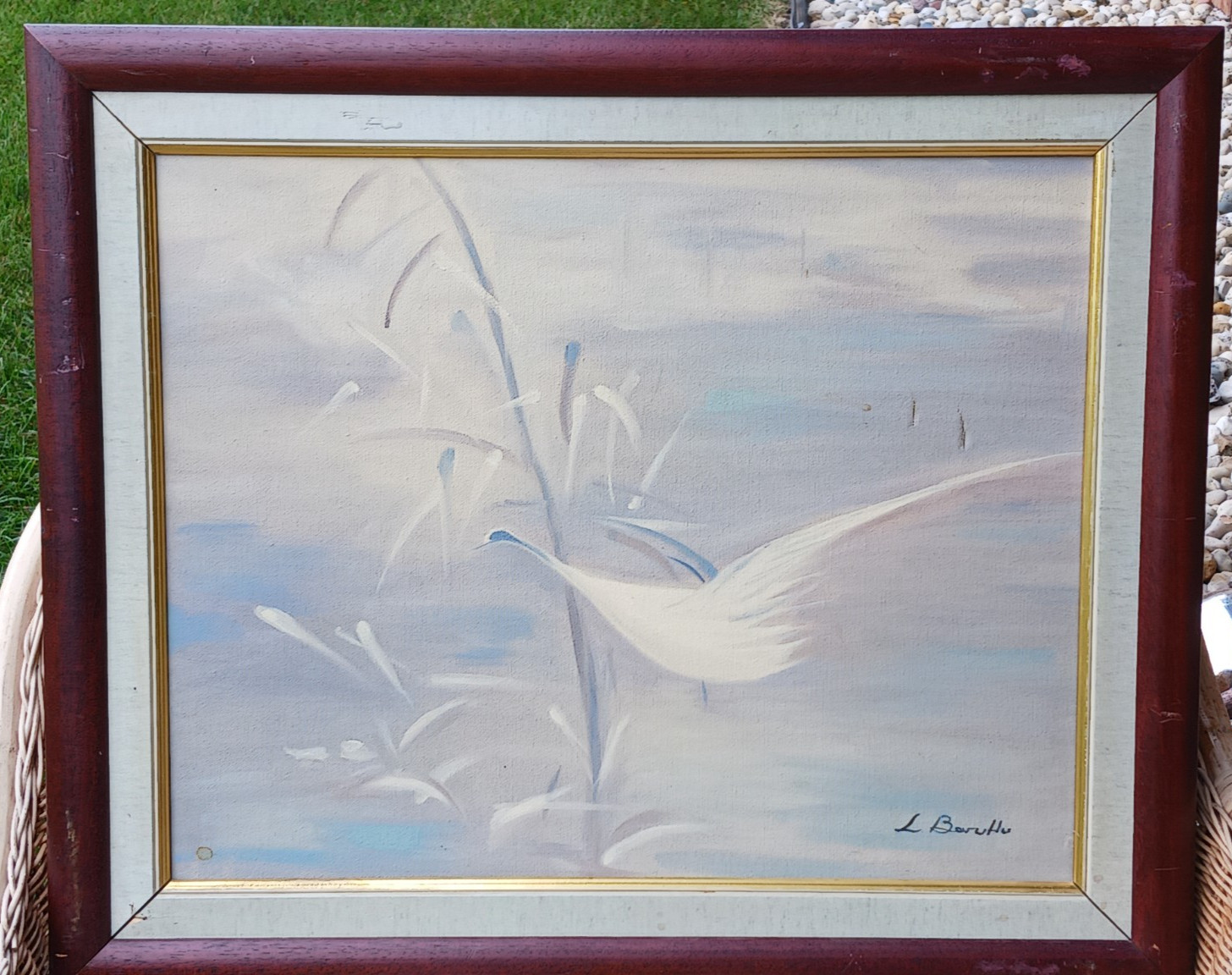 Vintage Painting Bird Egret Oriental Asian in Marsh Signed