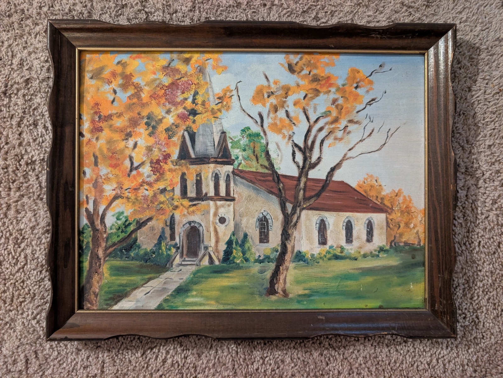Vintage Framed Church Landscape 18″x14″ Canvas Panel Wall Art Oil Painting