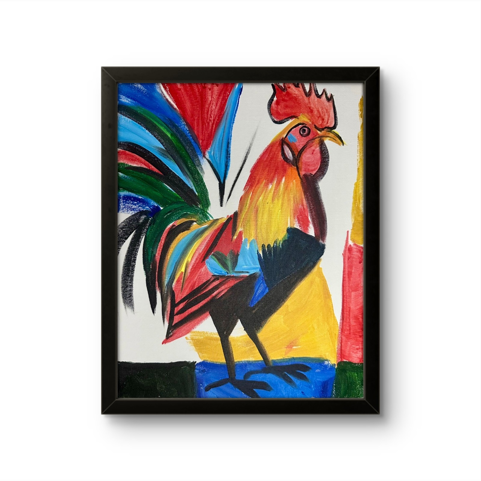 Colorful Rooster Acrylic Painting Original Farm Chicken Art 11×14 Bird