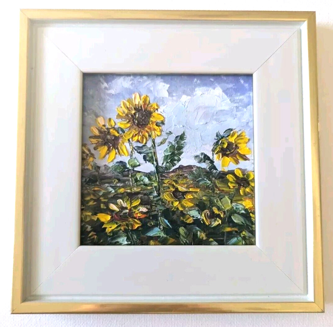 Original OIL Impasto PAINTING “SUNFLOWERS” Impressionism 4″x4″by Olga Diduh