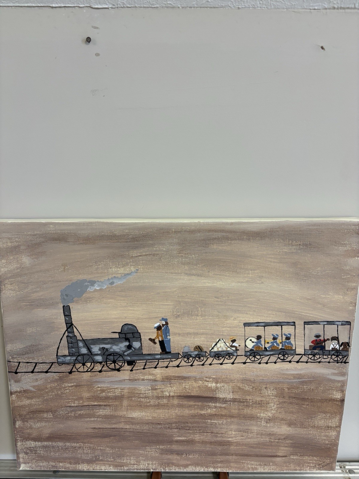Folk Art Steam Locomotive Train Acrylic Painting on Canvas, Unframed.