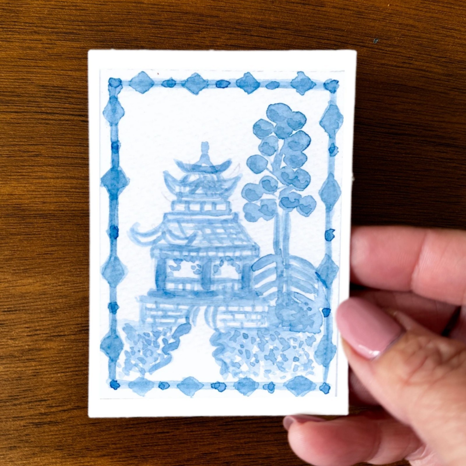 ACEO PRINT Blue Willow Inspired Watercolor Art Archival Signed Tanya Watson