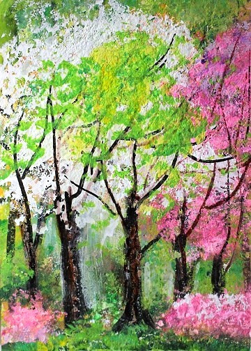 ACEO Original PAINTING Spring TREES Pink Flowers Sun Nature Landscape ATC ART