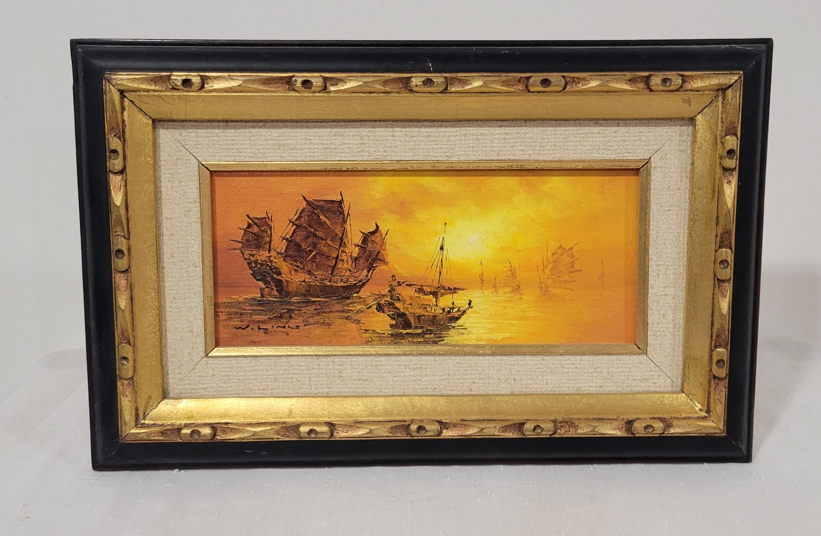 Vtg Oil Painting “Asian Junk Ship Sailing” On Board Framed Signed W.Ling