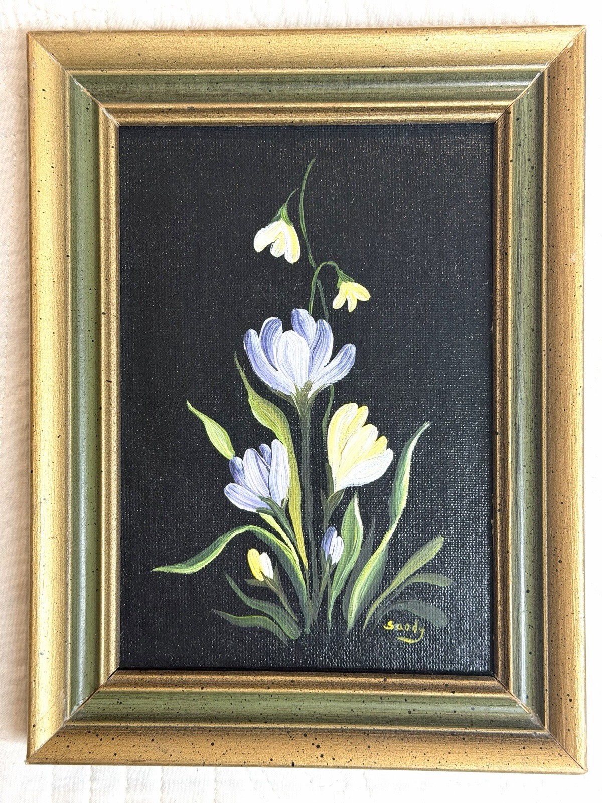 Gold Framed Small Floral Snowdrop Flowers OOAK 8.5×6.5” Signed “Sandy”