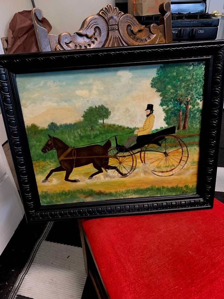 Antique signed oil painting original CANTREL 16 X 20 Lincoln horse carriage FINE