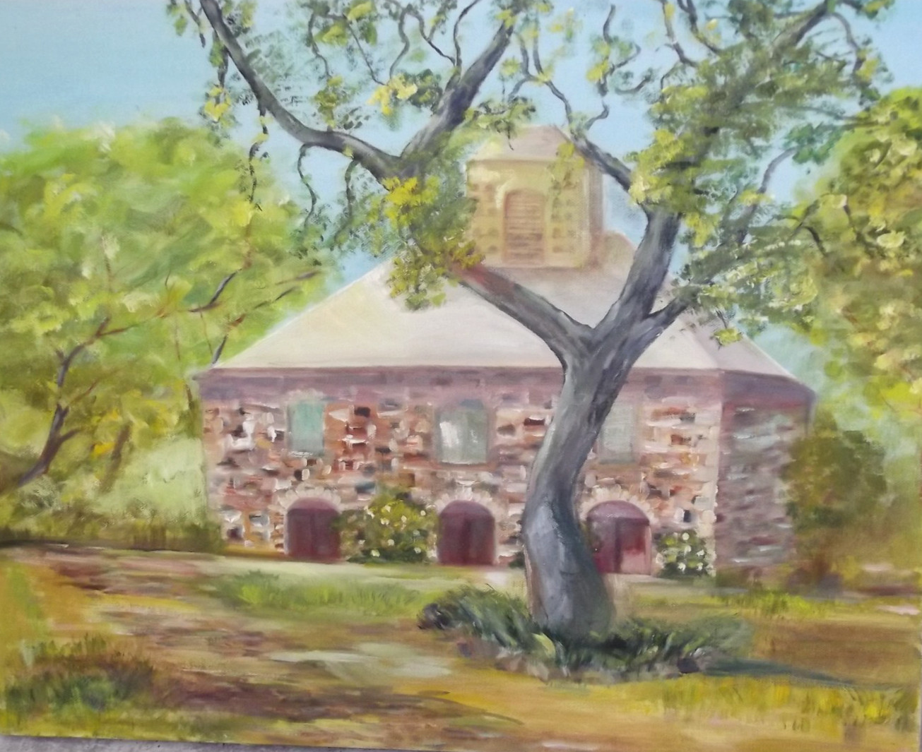 Vintage Oil Painting Brick Building Cottage Stables Schoolhouse Unsigned