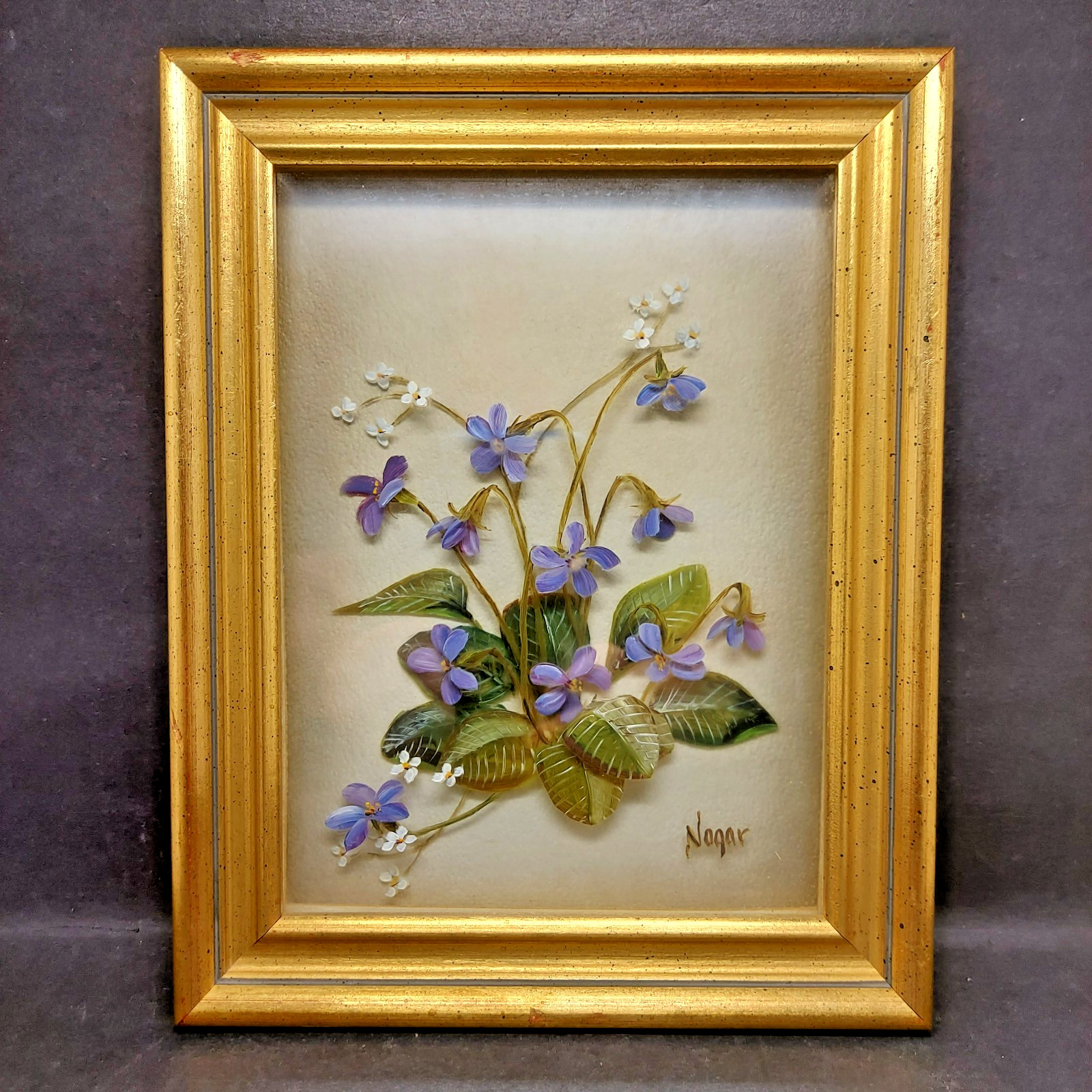 Edmond J. Nogar Reverse Hand Painted on Glass Violets Signed Original