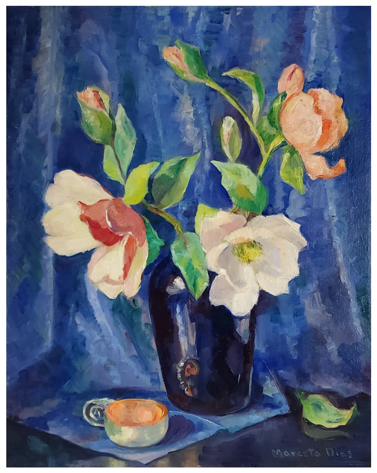 Signed Original Circa 1950s Floral Still Life Oil Painting Titled “Magnolias”