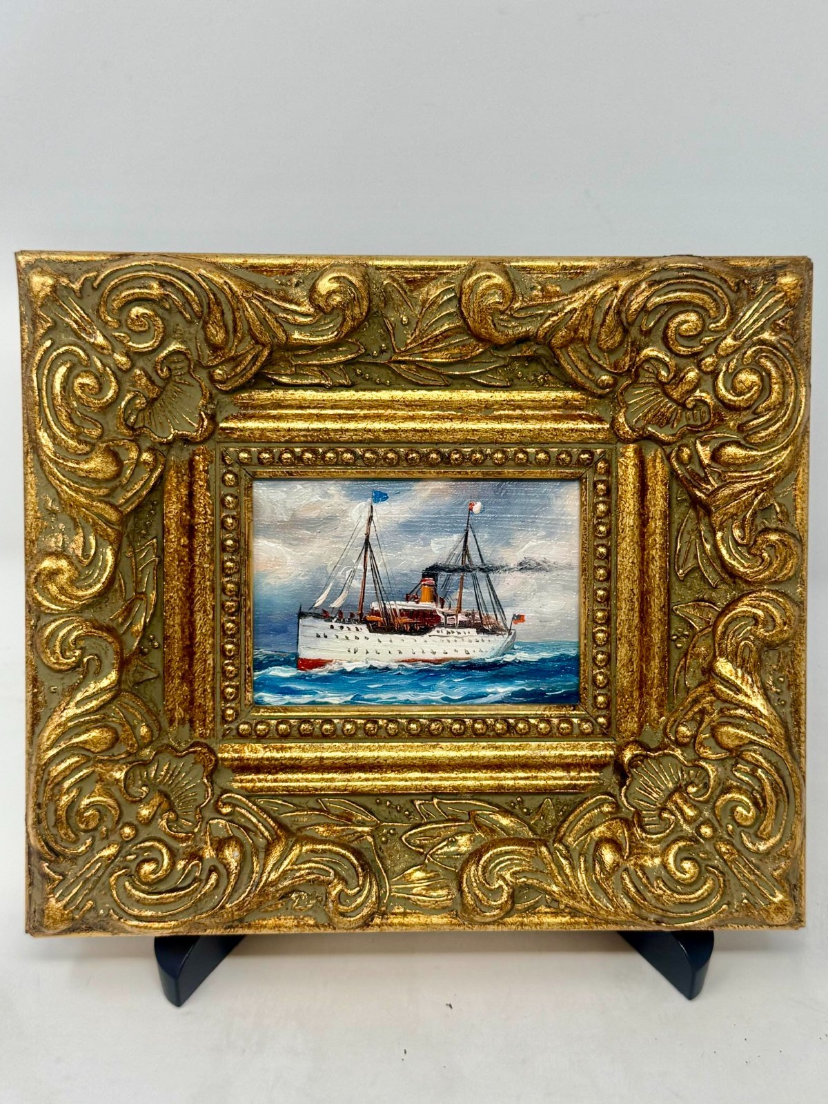 Vintage Mini Steamship Painting Gold Frame 8×7