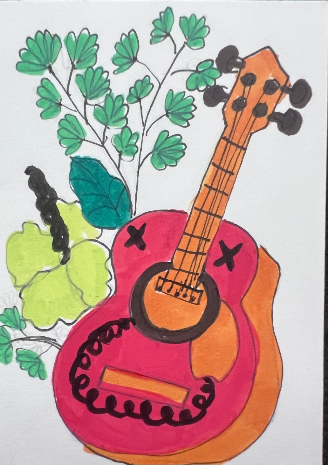 ACEO Art Card, Multi Color Guitar, Acrylic Marker, Cardstock Paper