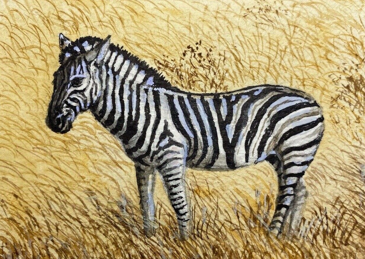 Watercolor Painting Zebra Safari Africa Savannah Animals Nature ACEO Art .