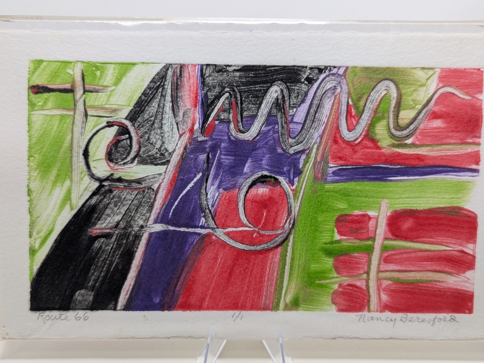 Route 66; Acrylic Monotype, unique, one-of-a-kind By Nancy Beresford 5×8″