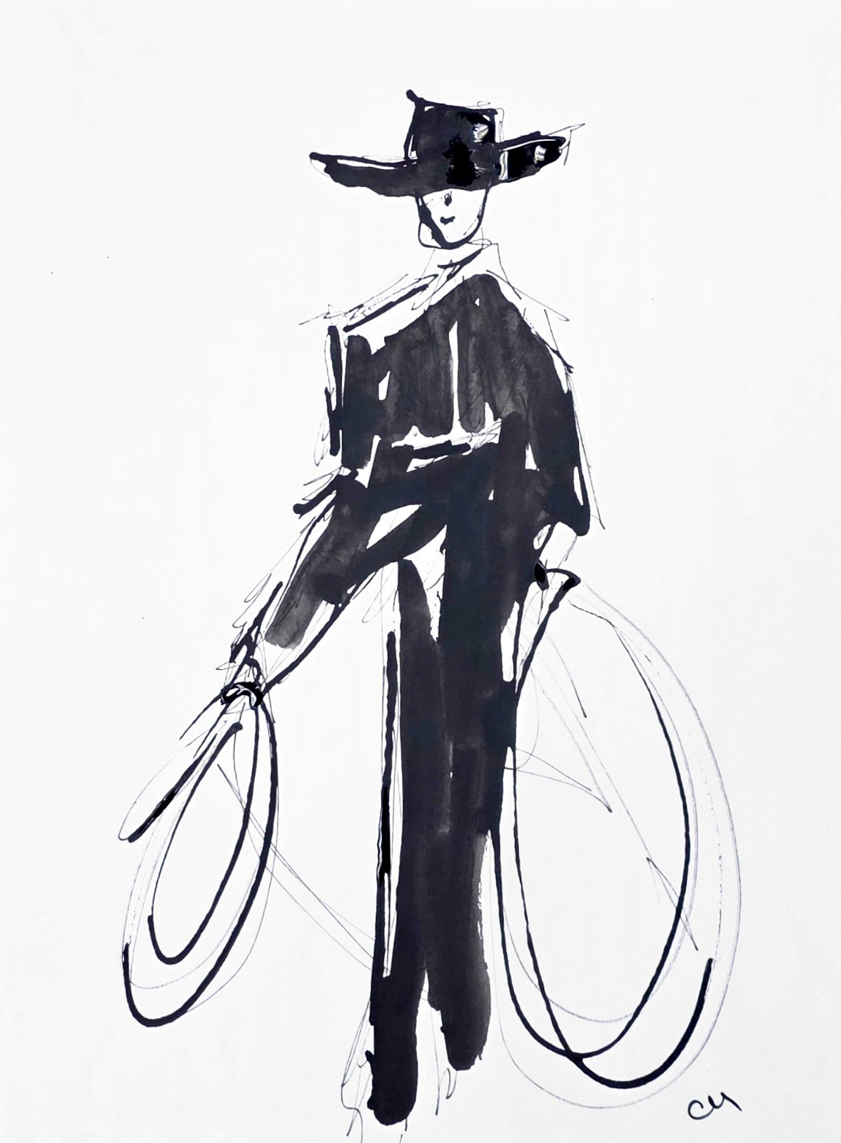 Original Abstract 9×12 Cowboy Ink Painting Black White Paper Signed Art