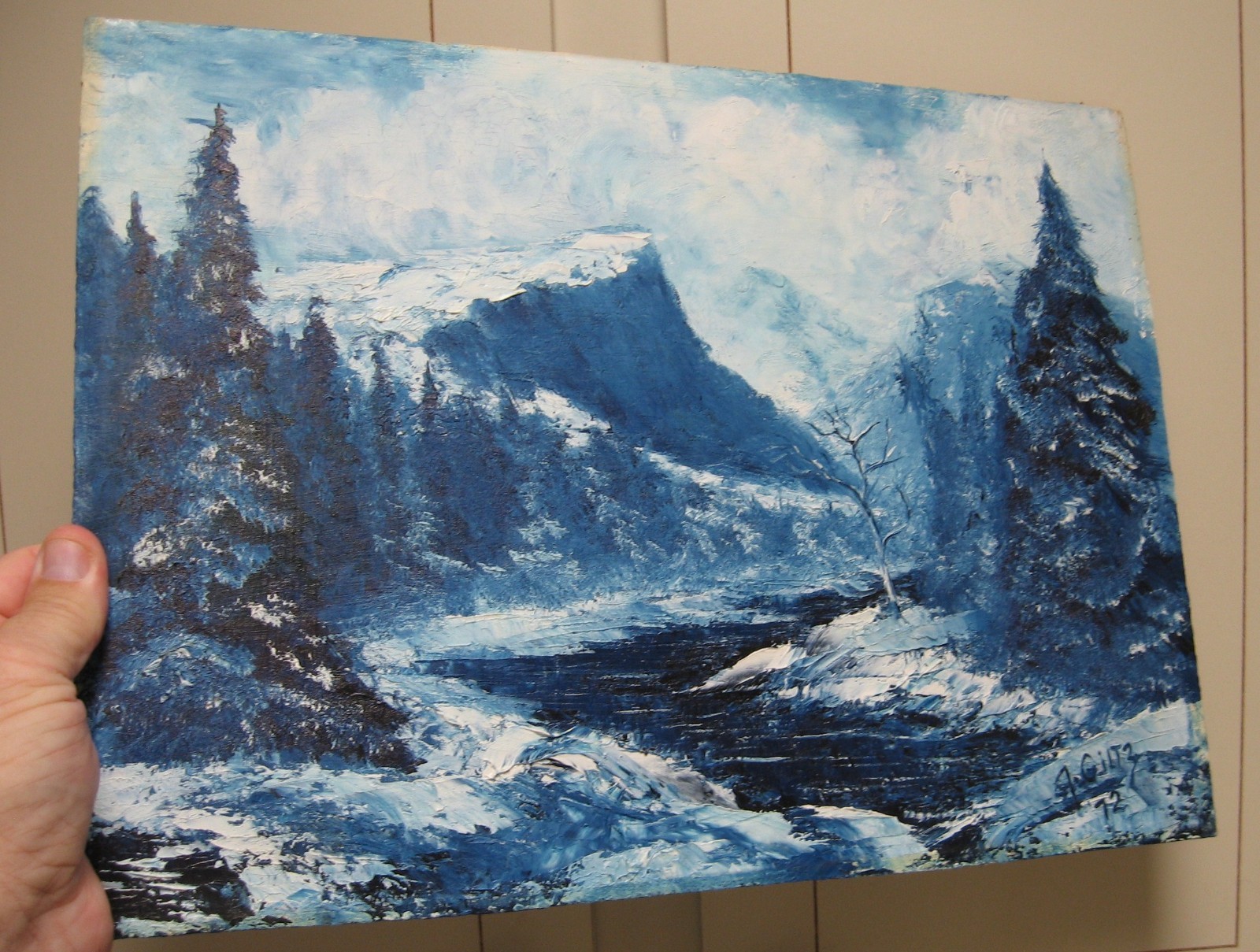 Oil Painting on Masonite Board Winter Mountain Scene, 16″ x 11.8″ by J. Giltz