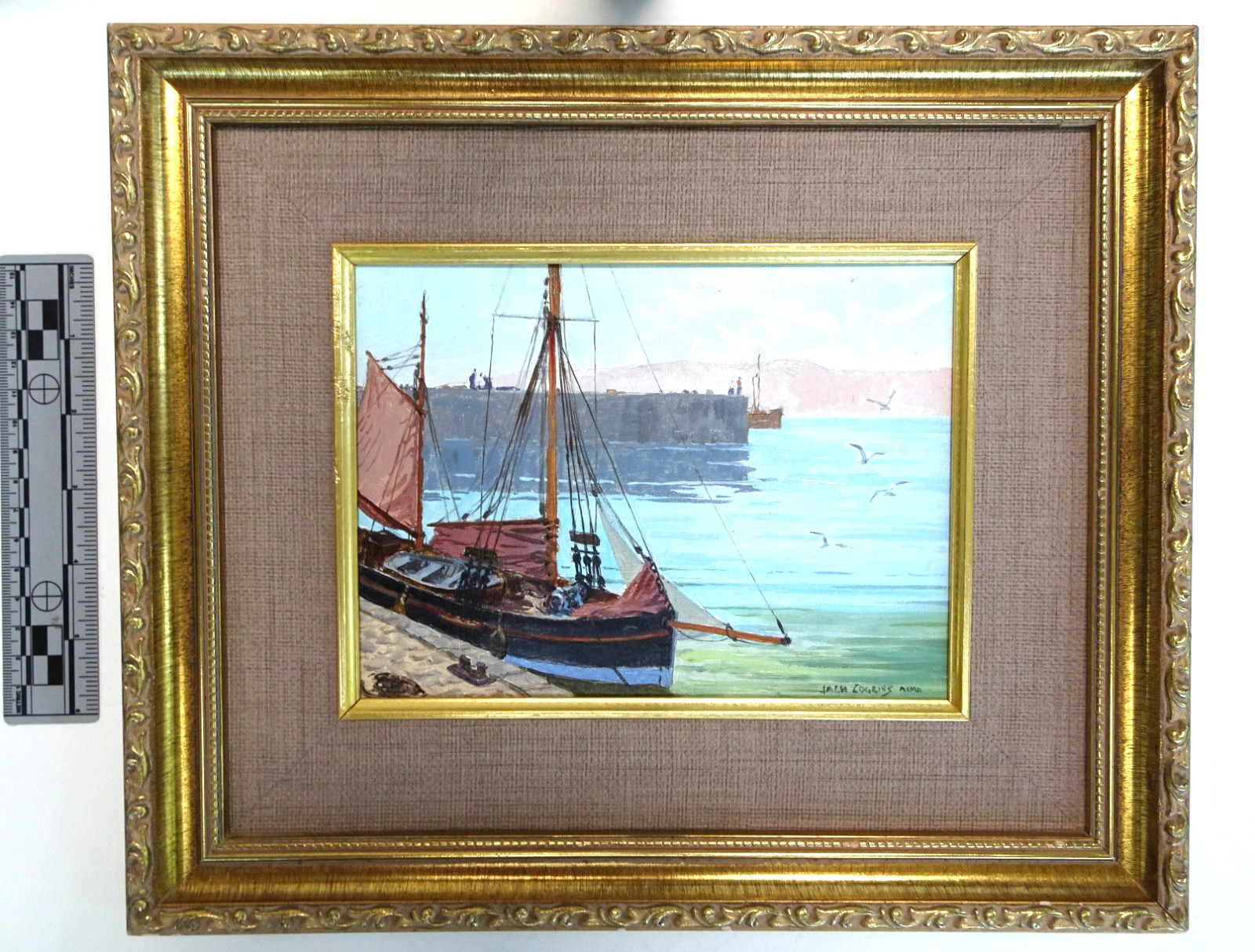 Oil painting, 6×8 inches, of a sailboat behind a sea wall by Jack Coggins, 1985