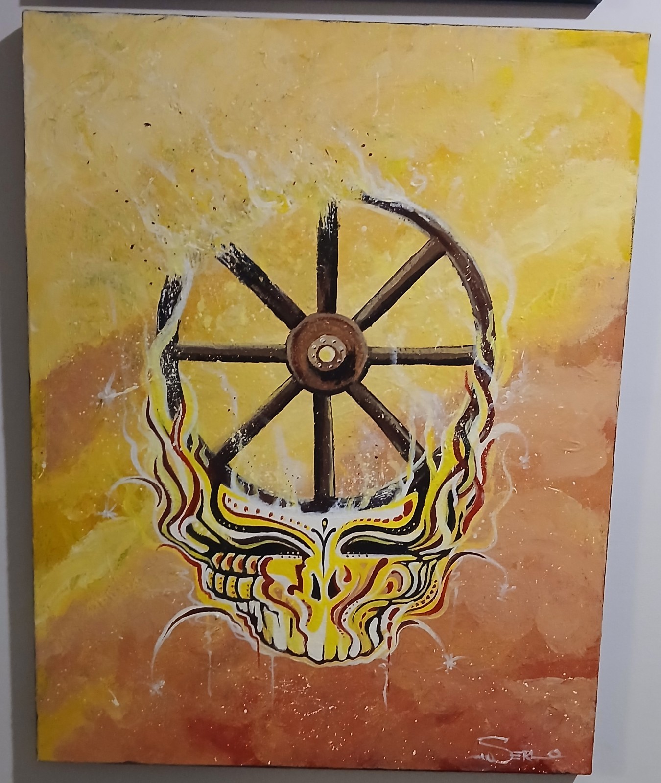 Mark Serlo Original Oil On Canvas Signed Wheel Burning
