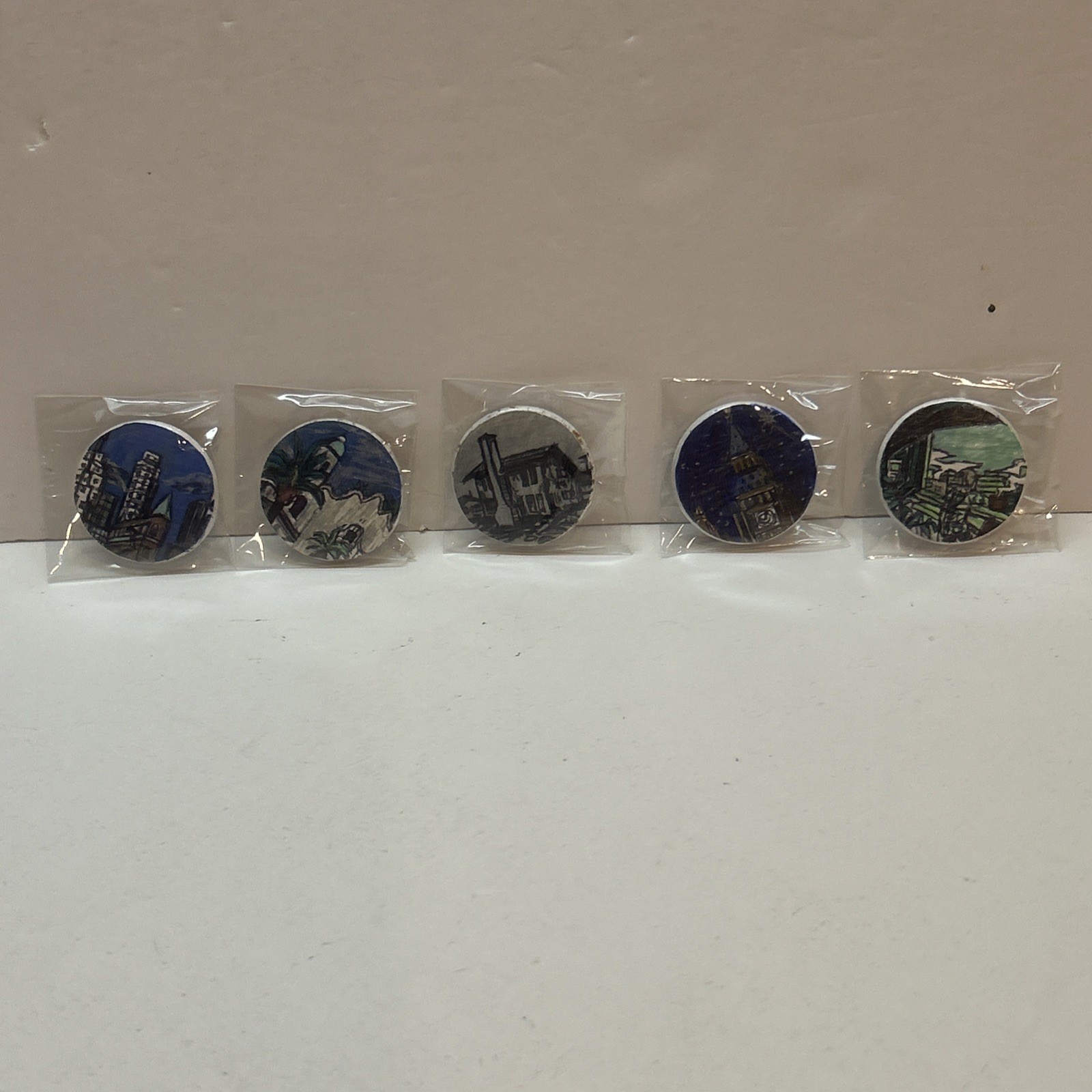 5 Original Hand Painting Museum Styles City Scape Pin Buttons 1.25″ #11