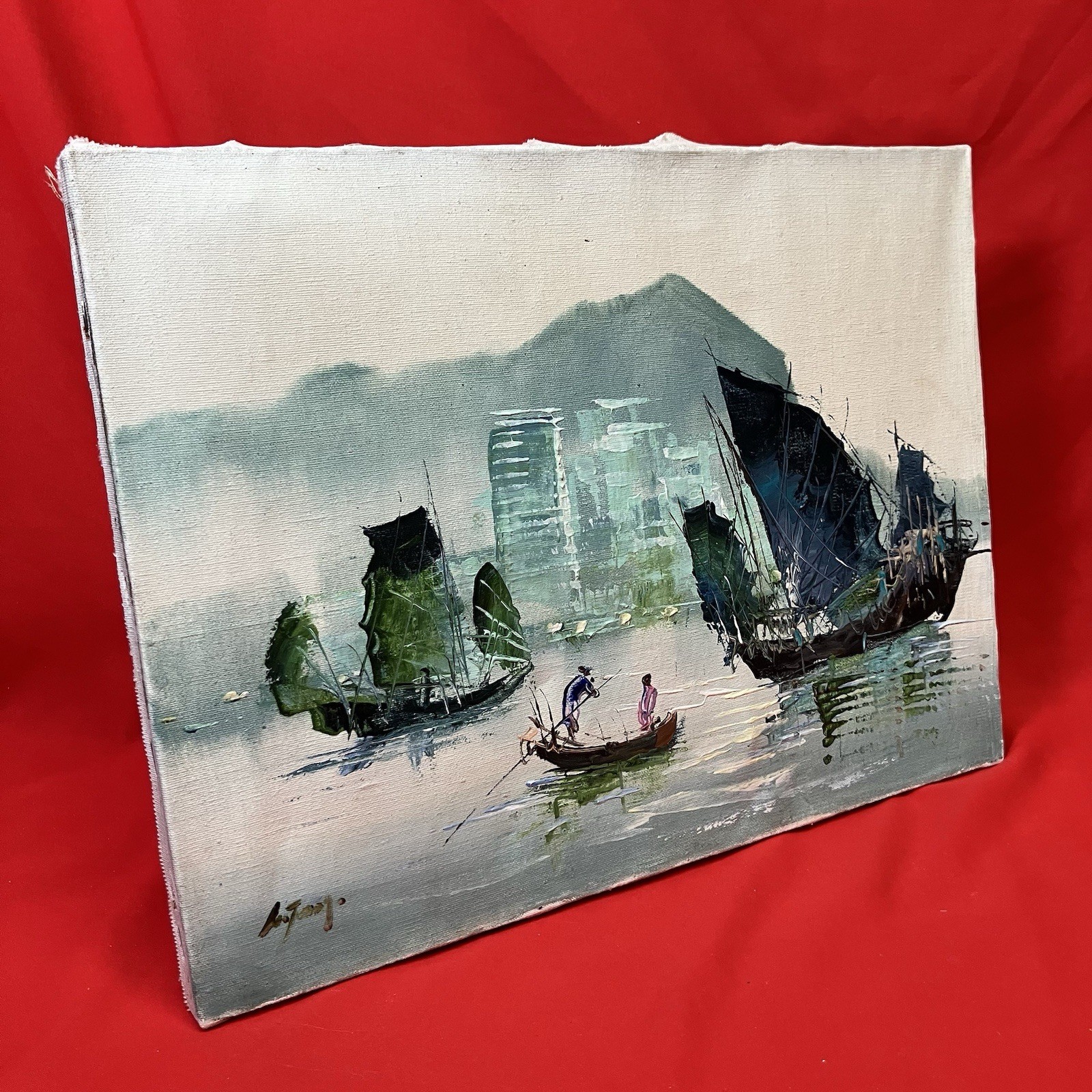 Vintage Impressionist Canvas Oil Painting / Harbor Junk Boats / Signed /Unframed