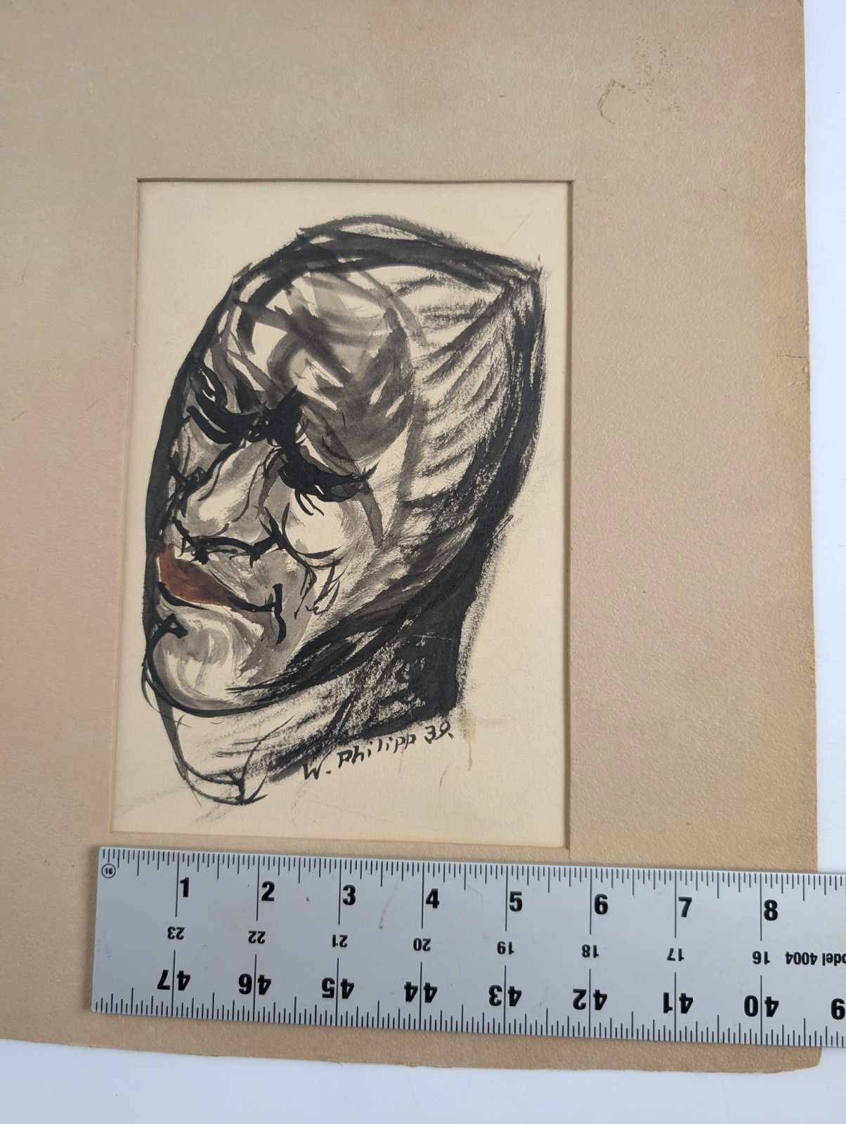 Werner Philipp 1939 Signed Expressionist Ink Wash Portrait Painting Original