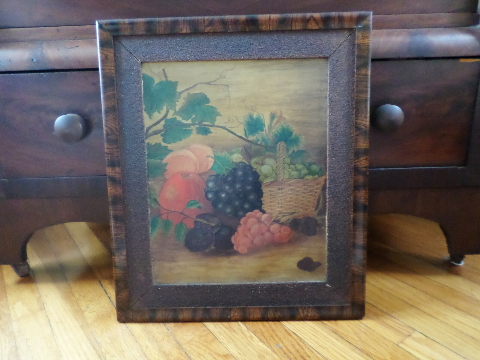 Antique Early American Folk Art Oil on Canvas in Early Deceptive Painted Frame