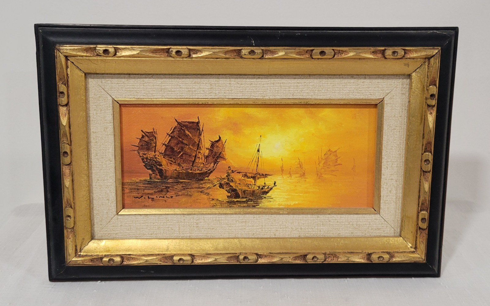 Vtg Oil Painting “Asian Junk Ship Sailing” On Board Framed Signed W.Ling