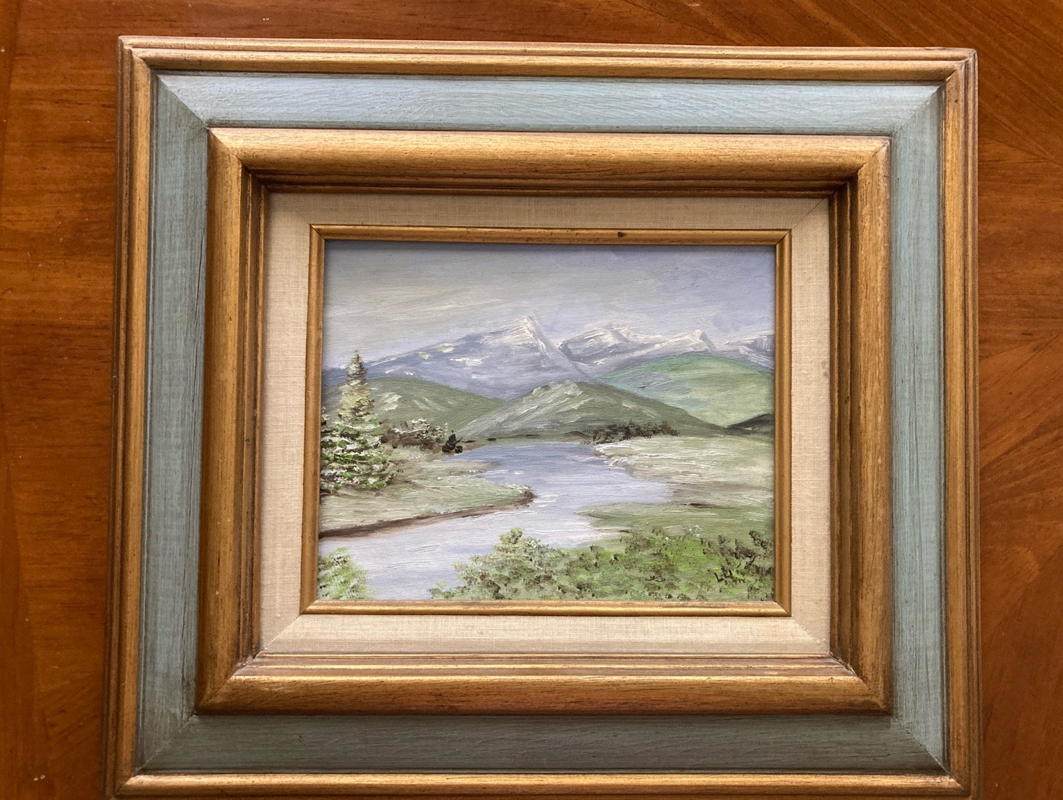 Vintage Estate Sale Find Signed Oil Painting Snow Mountains Landscape 1984 Frame