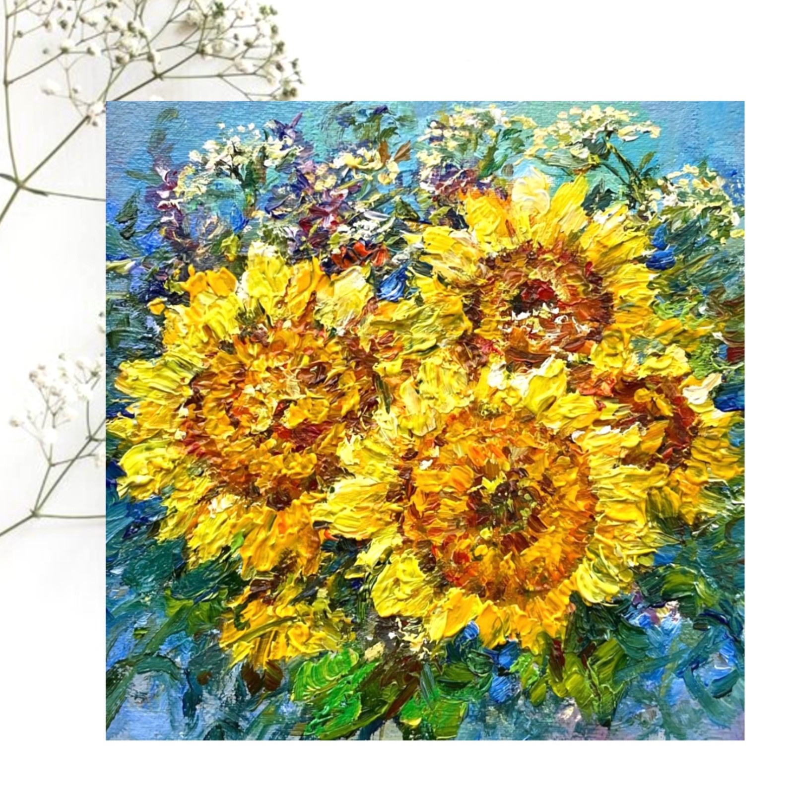 Oil Painting Sunflower Impressionism Original Textured Impasto Floral Art 6x6in