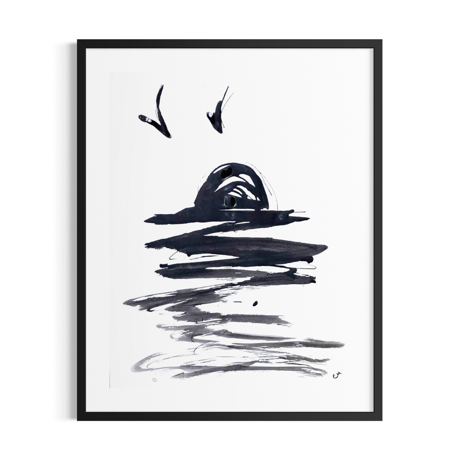 Original Abstract 9×12 Seascape Painting Minimalist Black White Home Decor Art