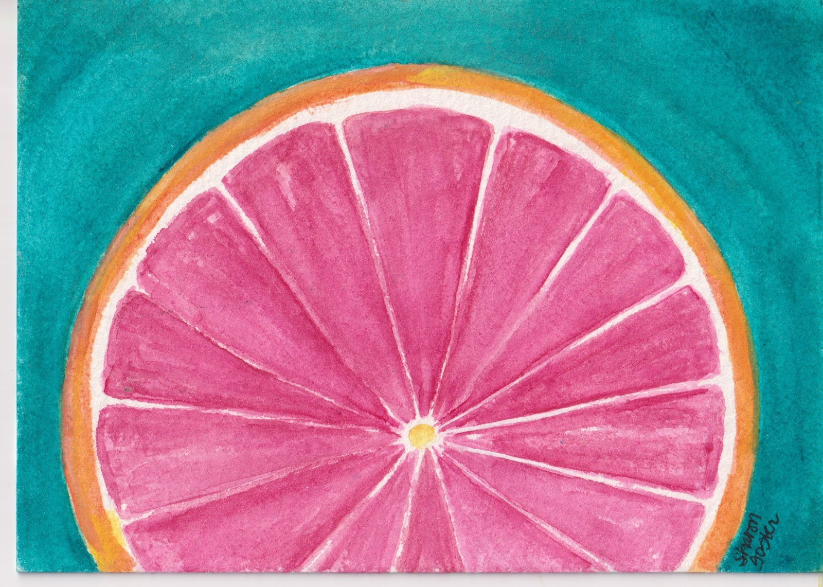 Original Grapefruit Watercolor Painting 5×7 – Ruby Red Citrus Free Ship