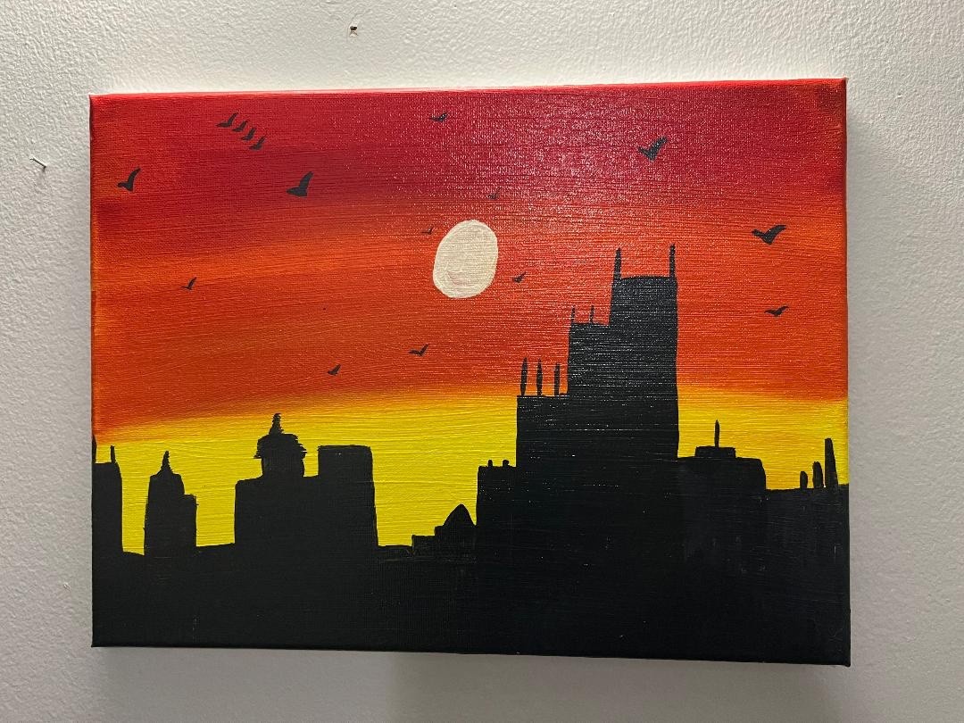 Beautiful view of city at night acrylic painting as the sunset