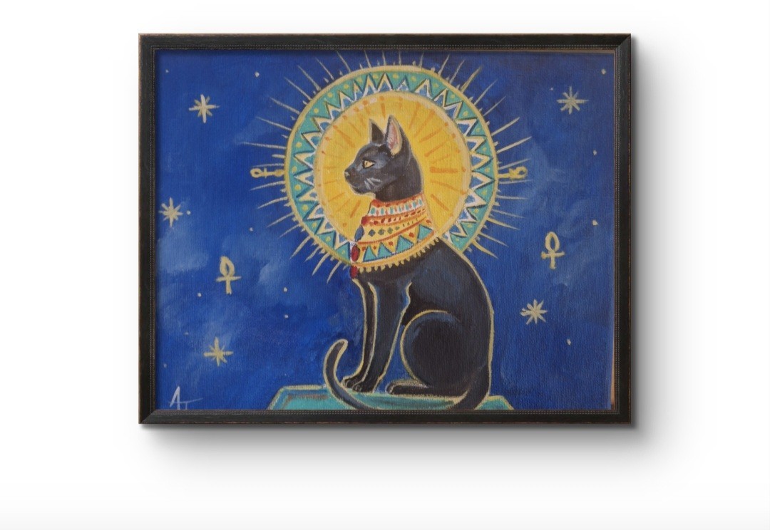 Orginal Signed 8×10 Expressionist Egptian Cat Acrylic Canvas Art Blue Decor