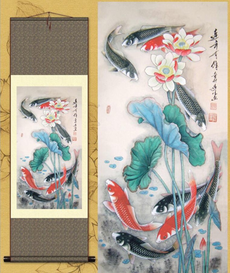 China Painting Silk Scroll Koi Carp Fish Lotus Leaf Home Decoration Various