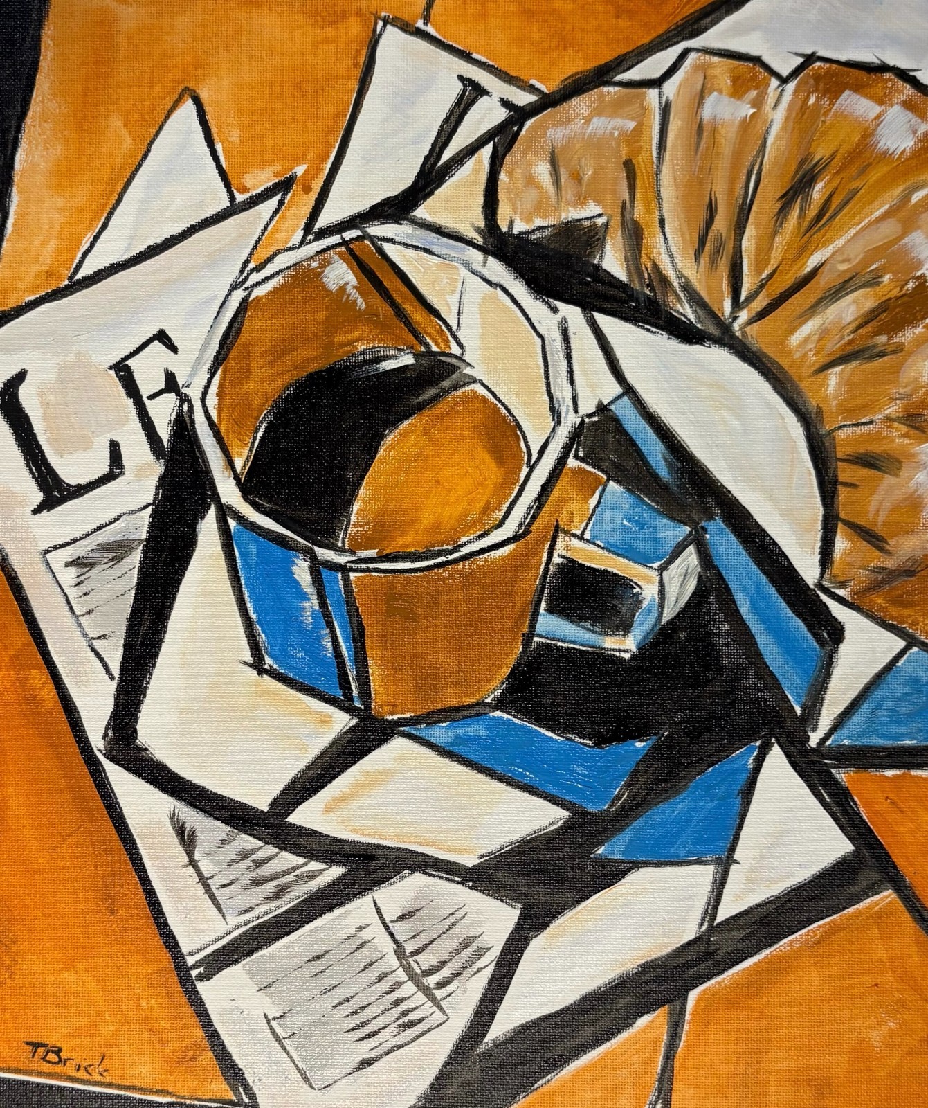 Original 11×14 Acrylic Canvas Cubist Cafe Coffee Cup Newspaper Pastry Painting
