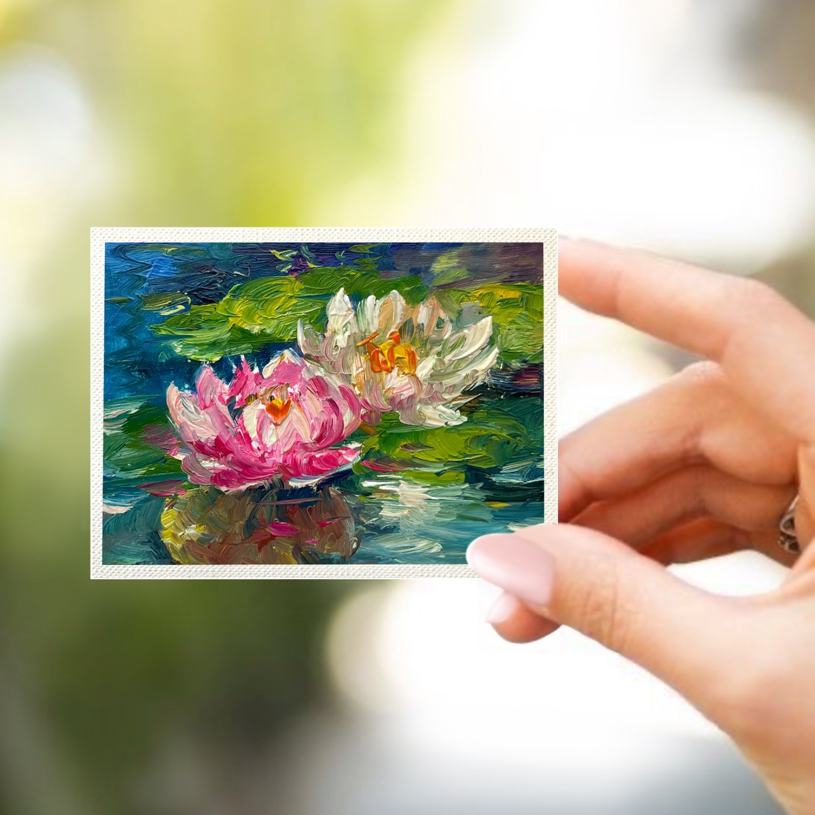 ACEO Original Oil Painting White Pink Lotus #44 Art Cards Impasto 3.5×2.5in