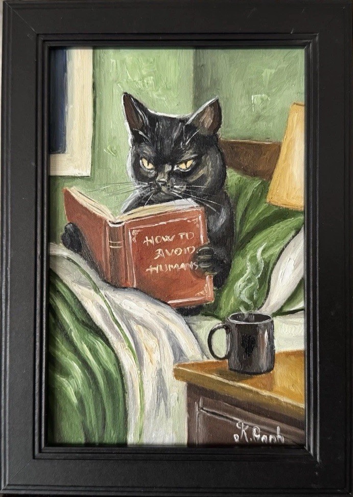 ORIGINAL OIL PAINTING BLACK CAT READING BOOK HALLOWEEN SIGNED FRAMED 4×6