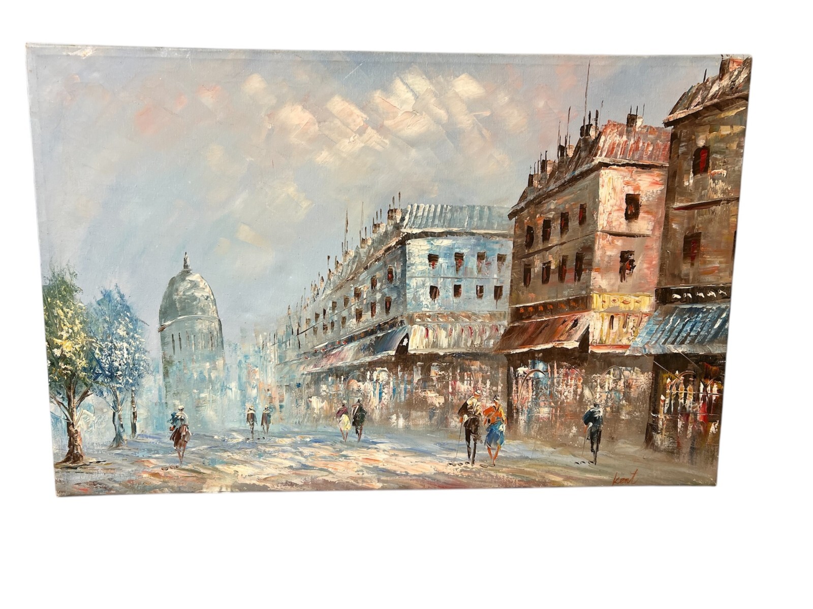 Vintage Oil Painting on Canvas, Signed Kent ” Paris Street Scene ” 33×21 inches