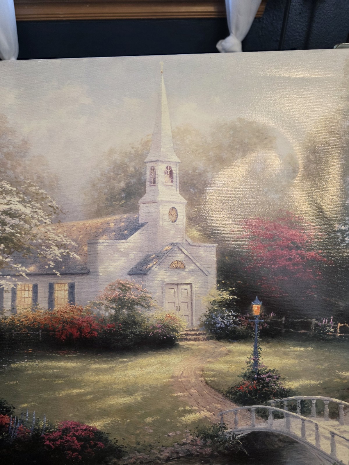Thomas Kinkade Signed Church Bridge Landscape Oil Stretched Canvas Painting