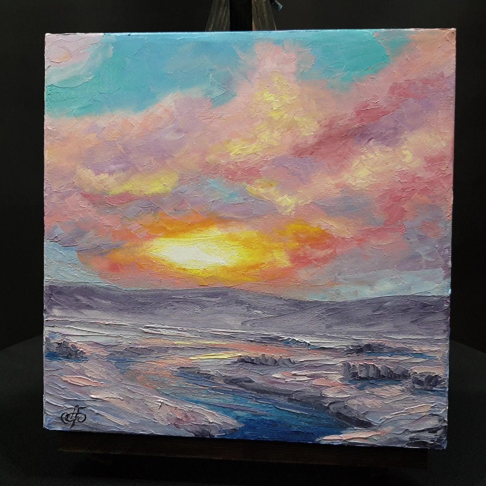 Original Oil Painting Winter Sunset Landscape Palette Knife Impressionist Art