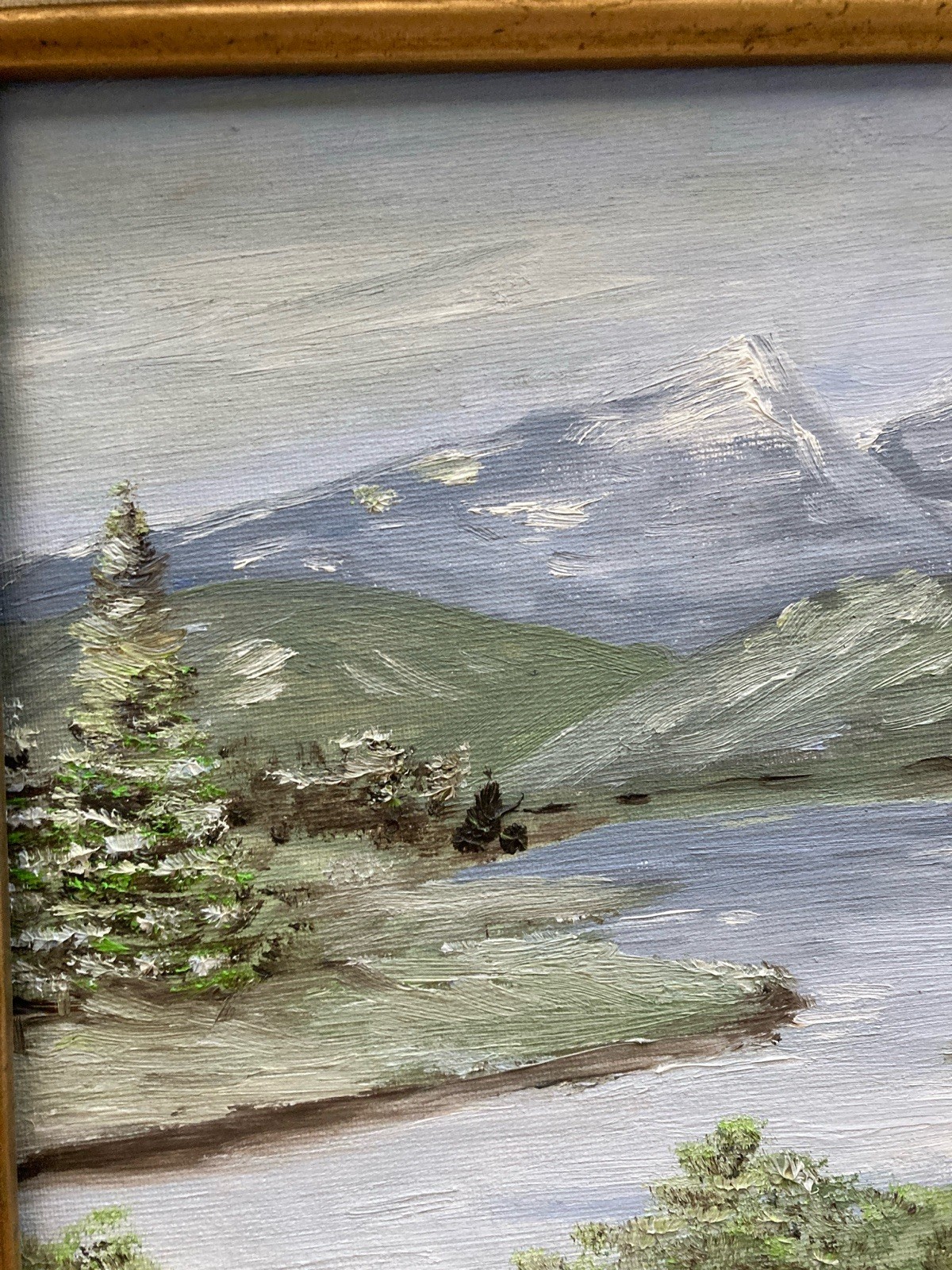 Vintage Estate Sale Find Signed Oil Painting Snow Mountains Landscape 1984 Frame