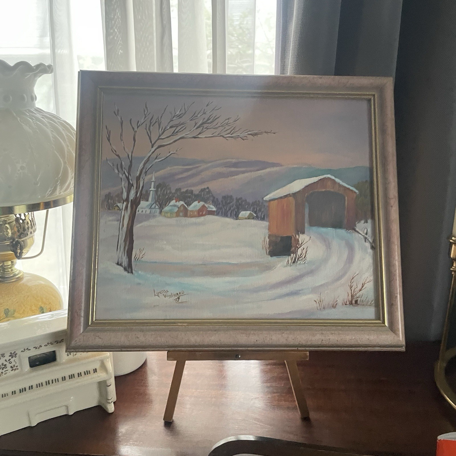 Vintage Winter Scene Red Barn Oil Painting Canvas Signed Lucille Woodward 14×12”