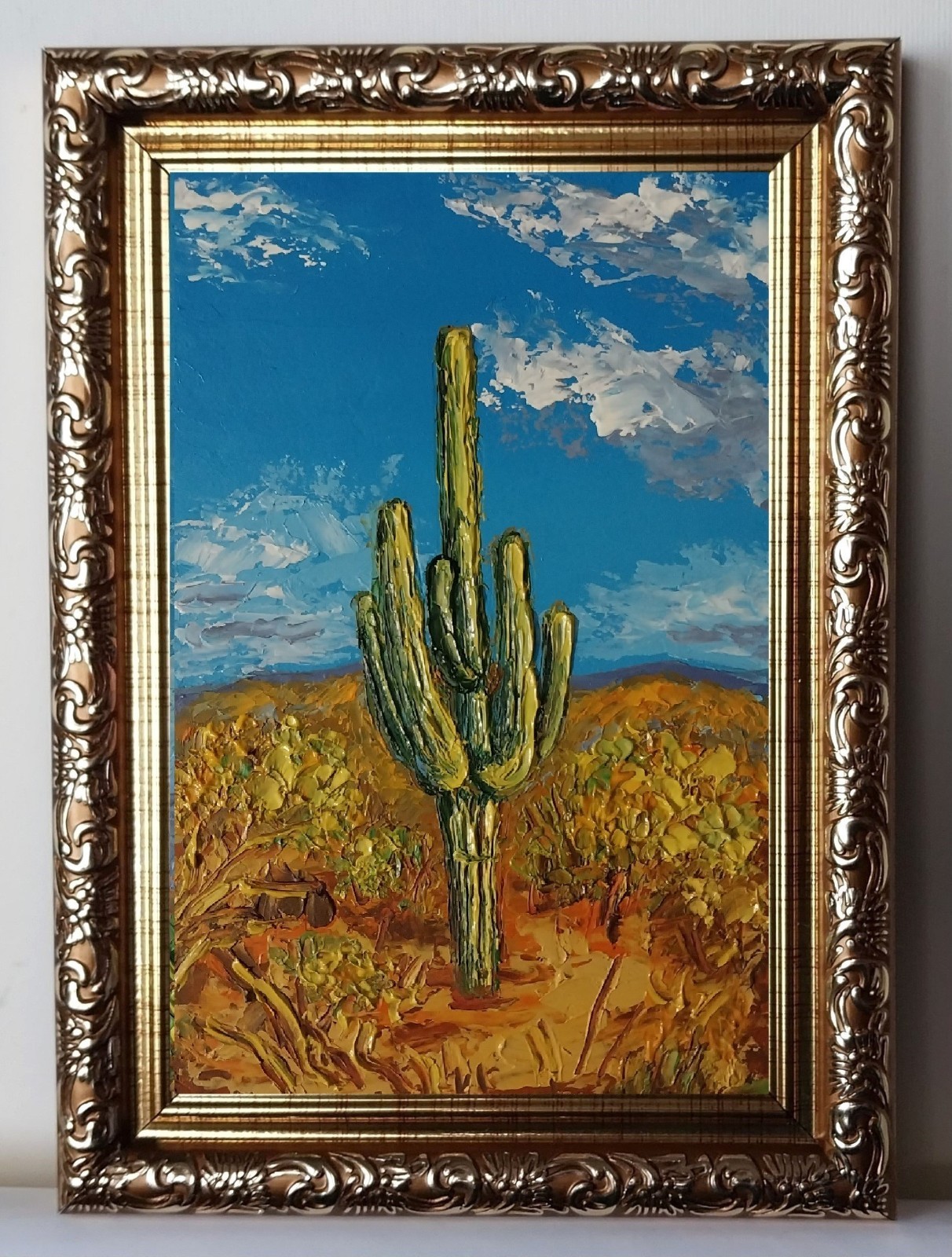 Framed Saguaro Arizona Cactus Sonoran Desert Landscape 4×6 Oil Painting Original