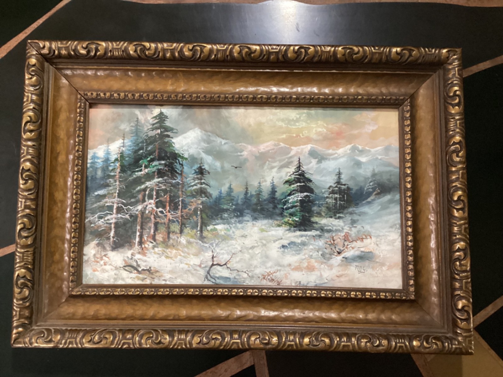 Antique 1900’s WATERCOLOR PAINTING Snowy Mountains Signed Original Frame