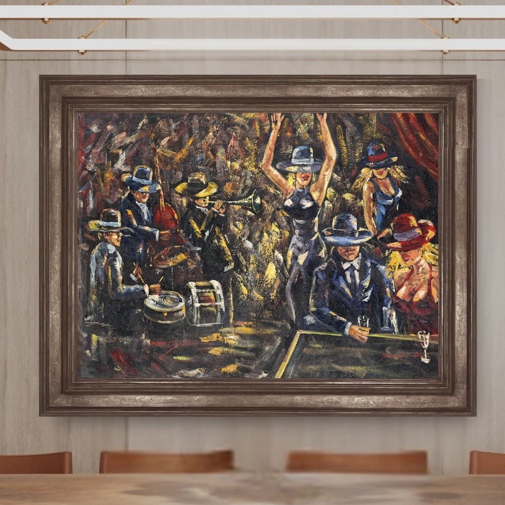 Jazz Band Oil Canva Painting Musicians Dancers Night Scene Club Signed 48×36