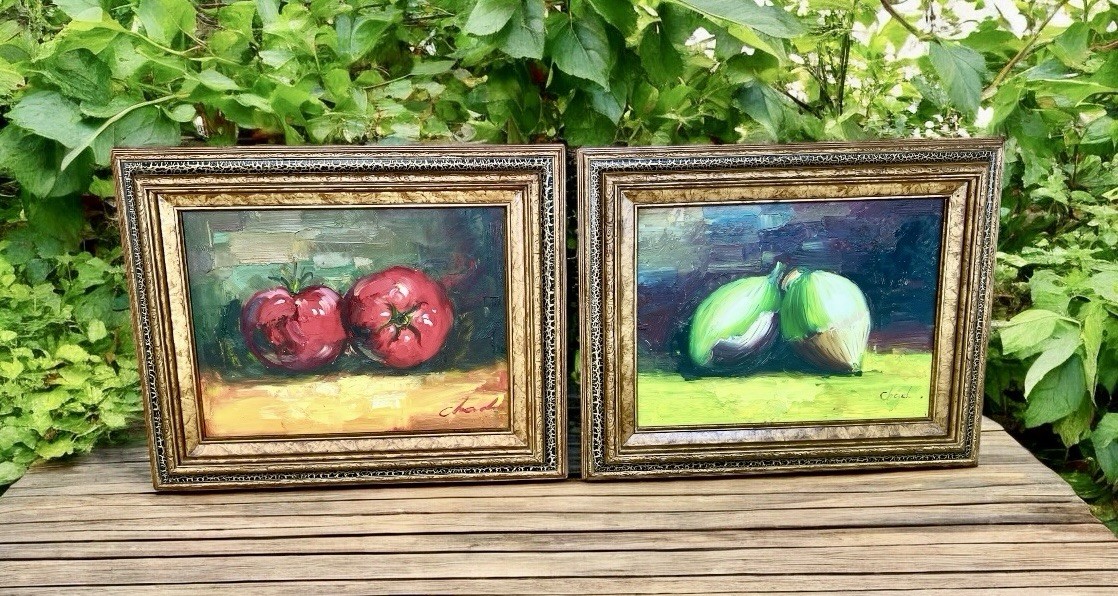 Original Signed CHAD Oil Painting Still Life Vegetables Framed PAIR 12” X 16”