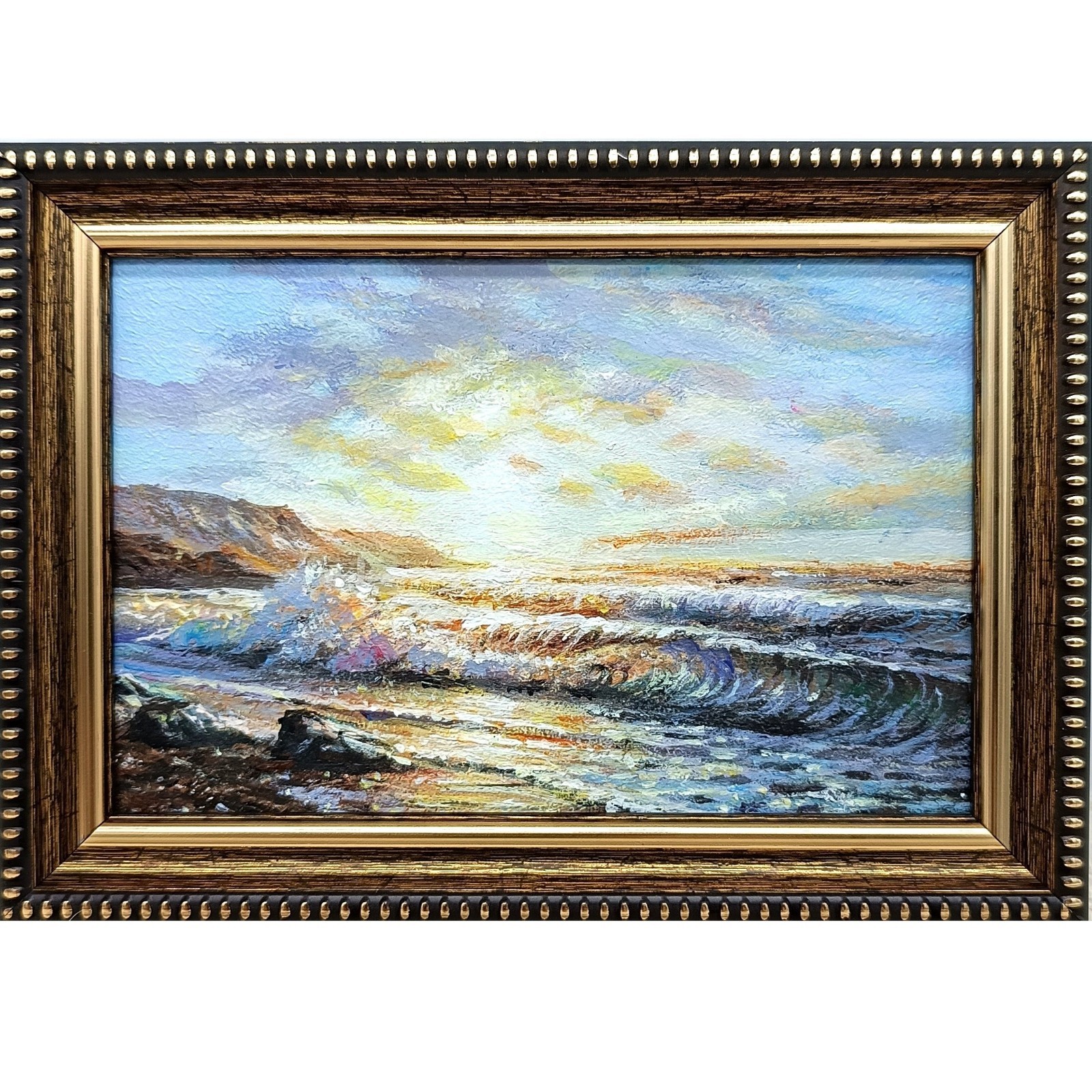 Ocean Waves Original Oil Painting 4×6 Framed Signed Seascape Rocky Coast Wall Ar