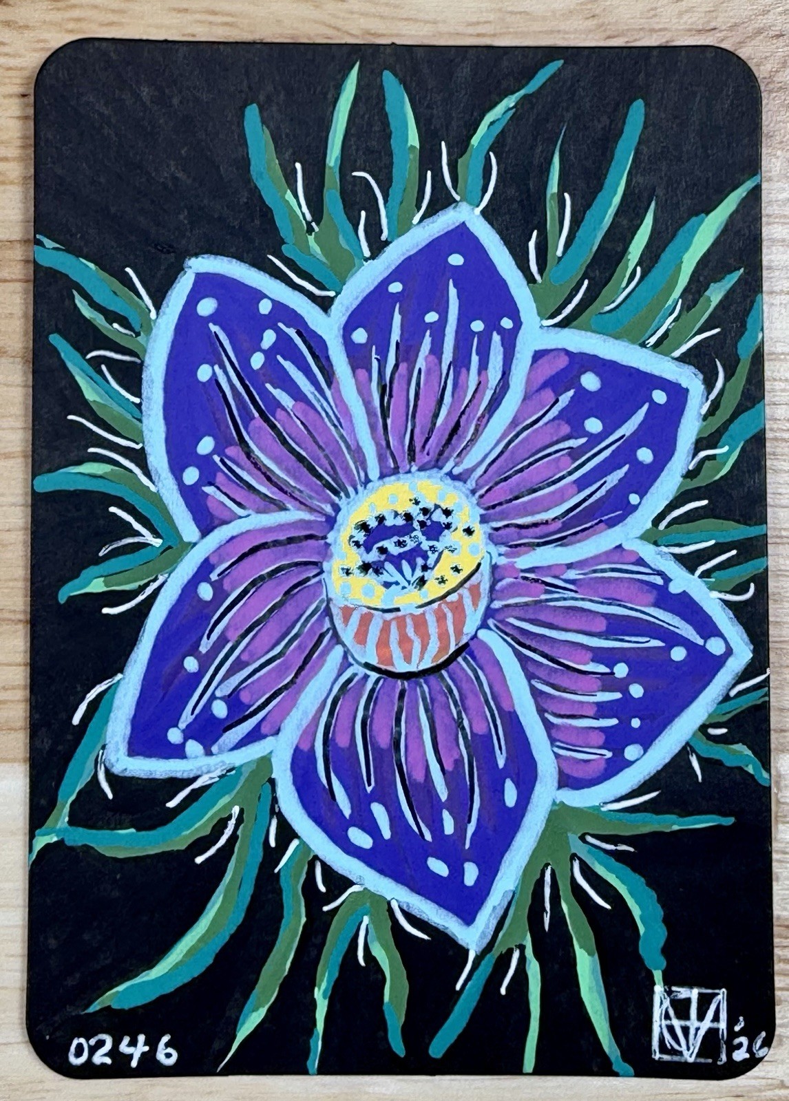 ACEO by M. Hackney Purple Flower Acrylic Ink, Signed, 2.5×3.5″ Original OOAK