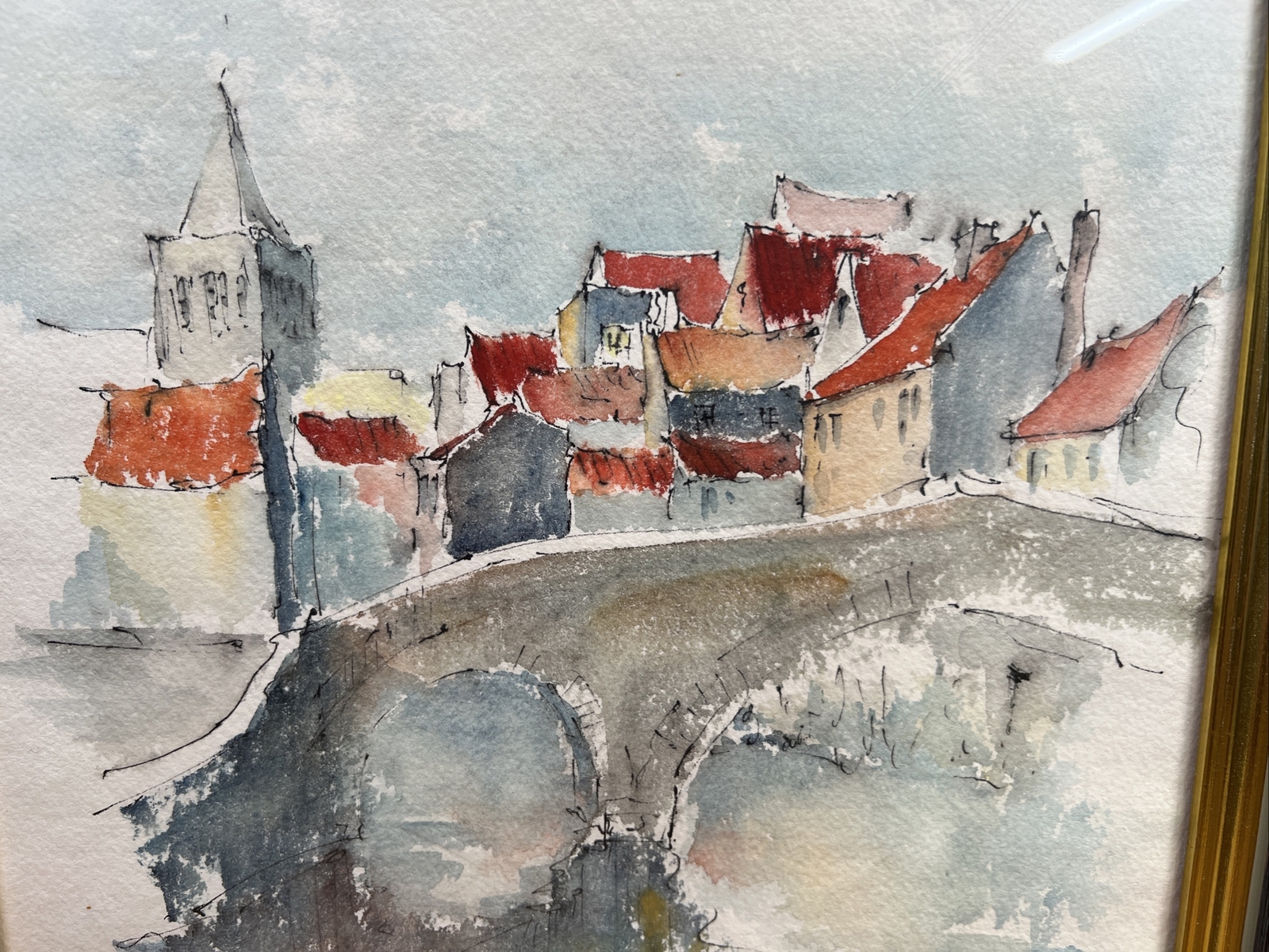Vintage Framed Watercolor Sketch European Bridge Cityscape in Schenkelberg 15×11